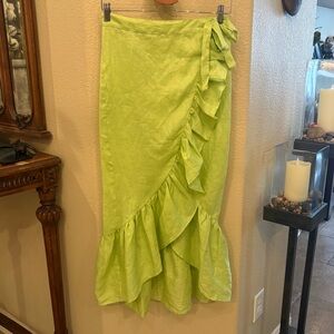 NWT~Leelanau Women 100% Linen Lime Green Ruffle Wrap Midi Skirt Size Small